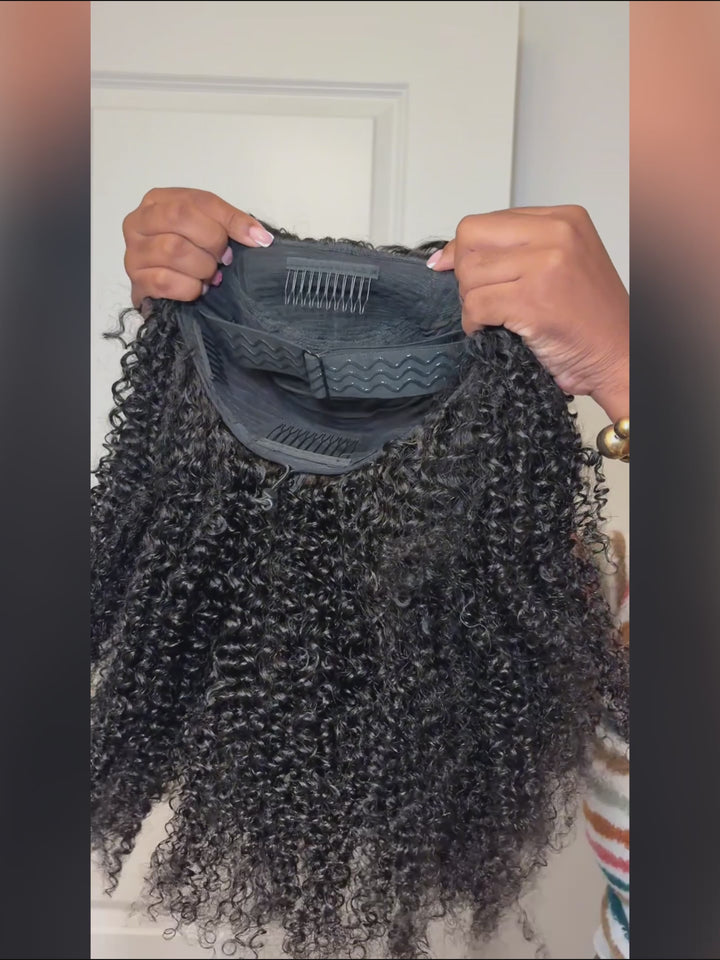 Afro Kinky Curly 3-In-1 Half Wig Glueless Flexi-Fit Drawstring Wig Beginner Friendly