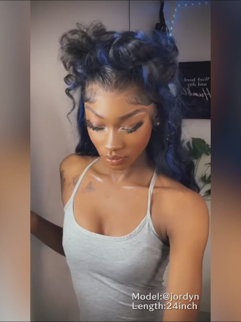Sterly Blue Highlight With Black Hair Body Wave Glueless 7×6/ 13×6 Transparent Lace Front Human Hair Colored Wigs