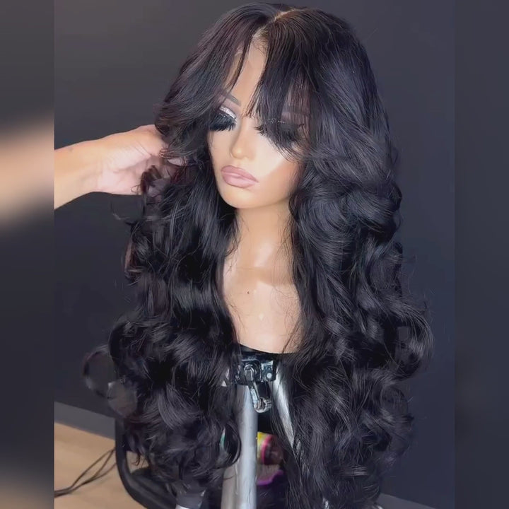 Sterly Full 180% Density Loose Body Wave Human Hair Wigs Ocean Wave Wigs with Curtain Bangs