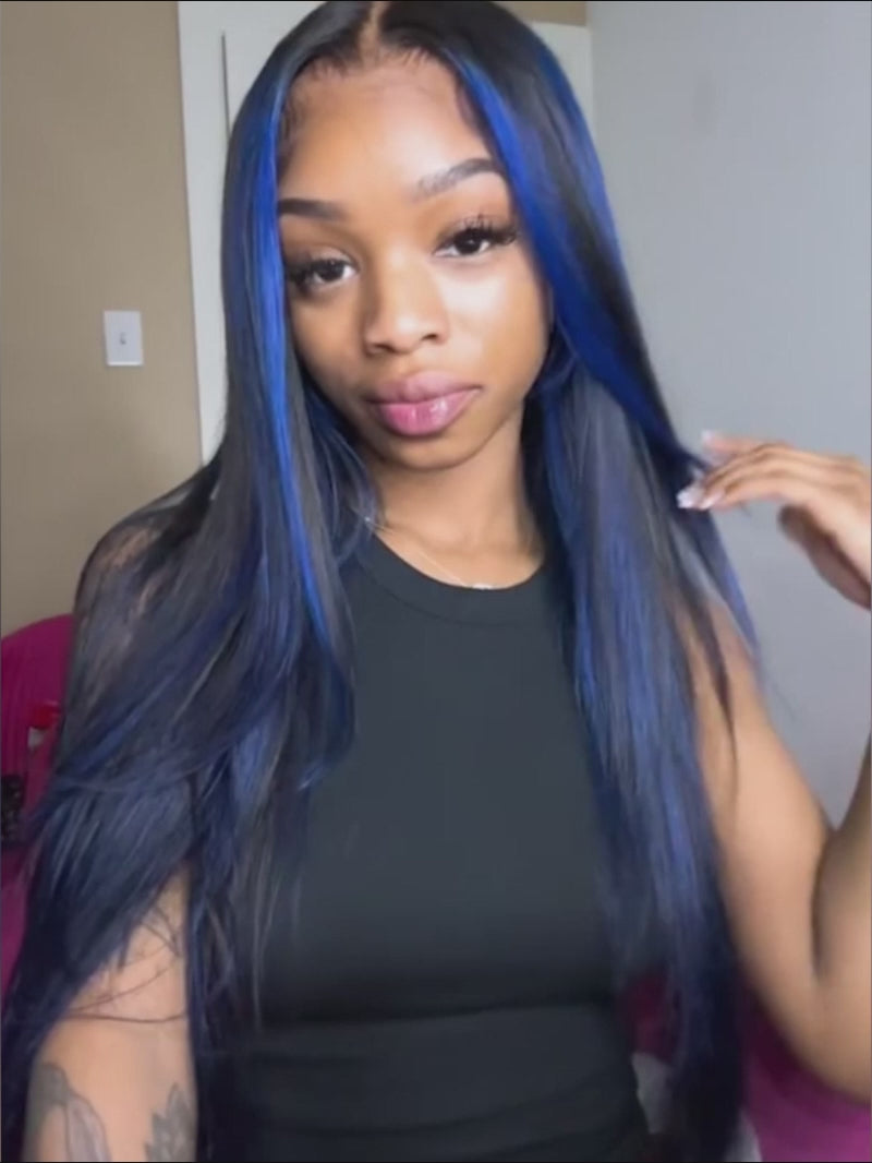 Sterly Blue Highlight With Black Hair Body Wave Glueless 7×6/ 13×6 Transparent Lace Front Human Hair Colored Wigs