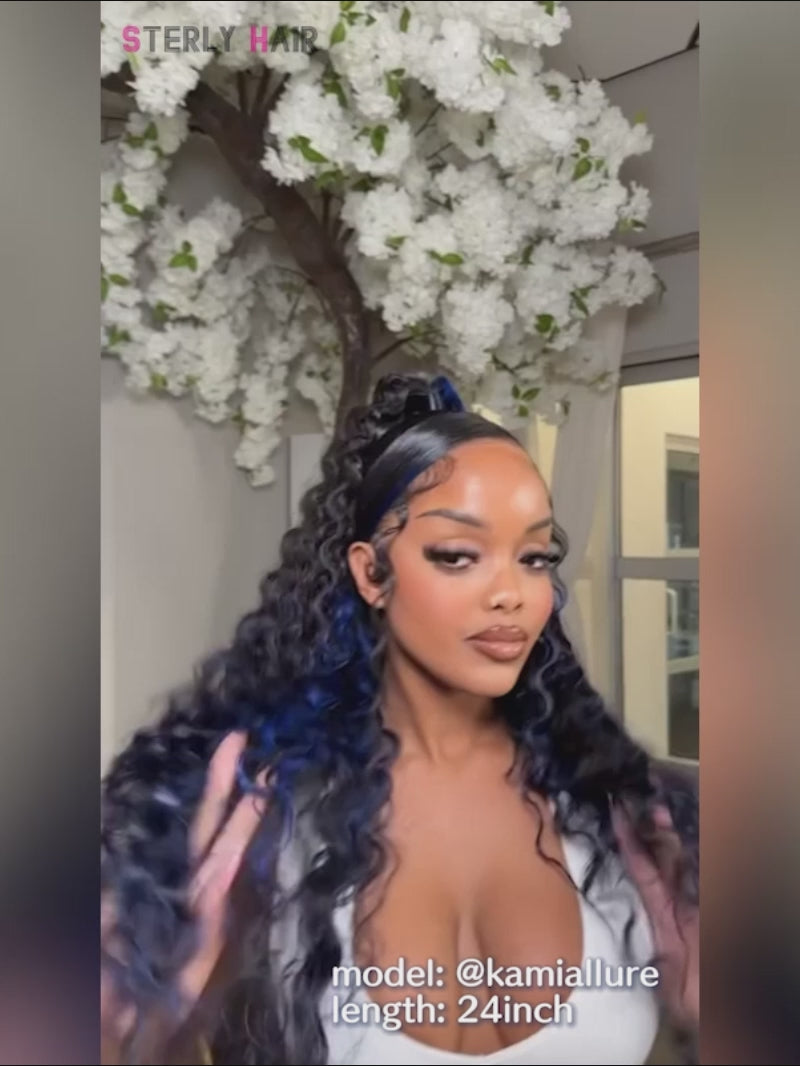Sterly Blue Highlight With Black Hair Body Wave Glueless 7×6/ 13×6 Transparent Lace Front Human Hair Colored Wigs
