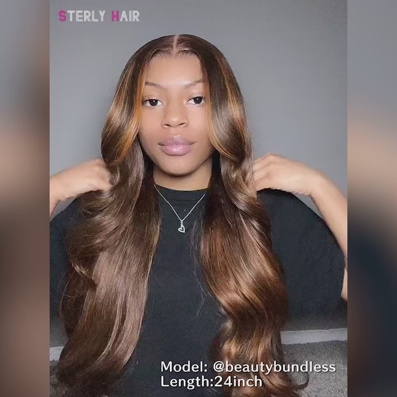 Sterly Orange Highlights With Chocolate Brown Colored Human Hair Wig Body Wave 13x4 Lace Front Wigs