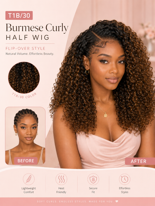 Ombre Colored Burmese Curly 3-In-1 Half Wig Glueless T1B/30 Install with Drawstring Beginner Friendly