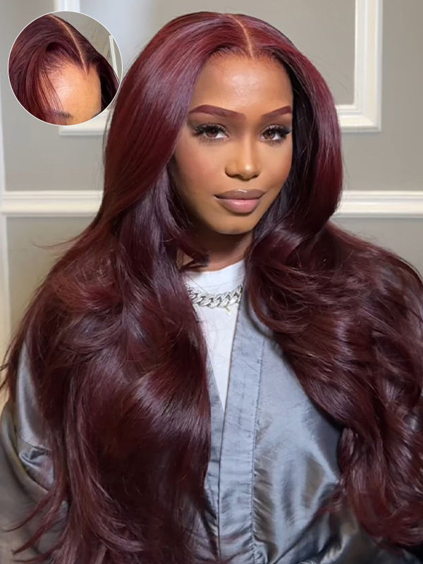 Dark Burgundy Layered Cut Human Hair Wig Wine Salon Styled 13x6 Lace Frontal Wigs Sterly Hair - sterlyhair