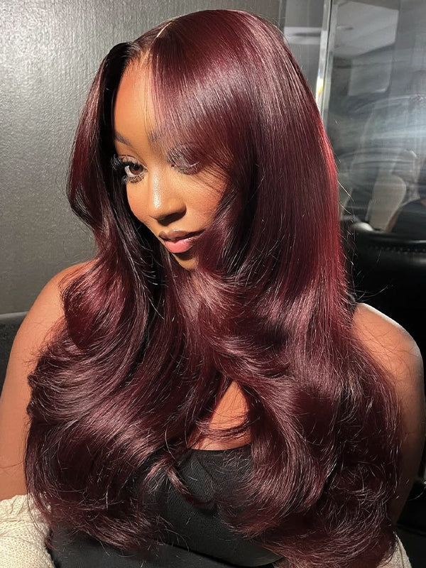 Dark Burgundy Layered Cut Human Hair Wig Wine Salon Styled 13x6 Lace Frontal Wigs Sterly Hair