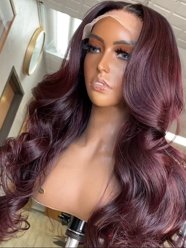 Dark Burgundy Layered Cut Human Hair Wig Wine Salon Styled 13x6 Lace Frontal Wigs Sterly Hair
