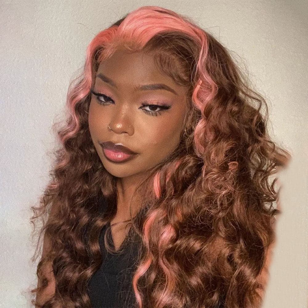 Sterly Pink with Light Brown Skunk Stripe Transparent Lace Body Wave Frontal Wig
