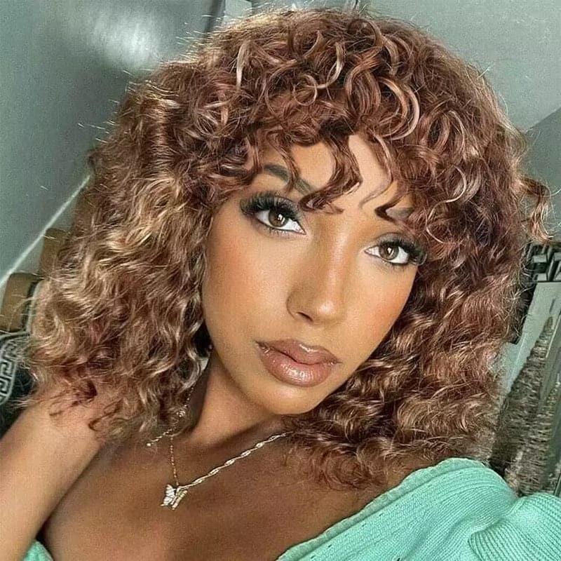 Balayage Highlight Brown Color Water Wave Bob Wig with Bangs Sterly Hair