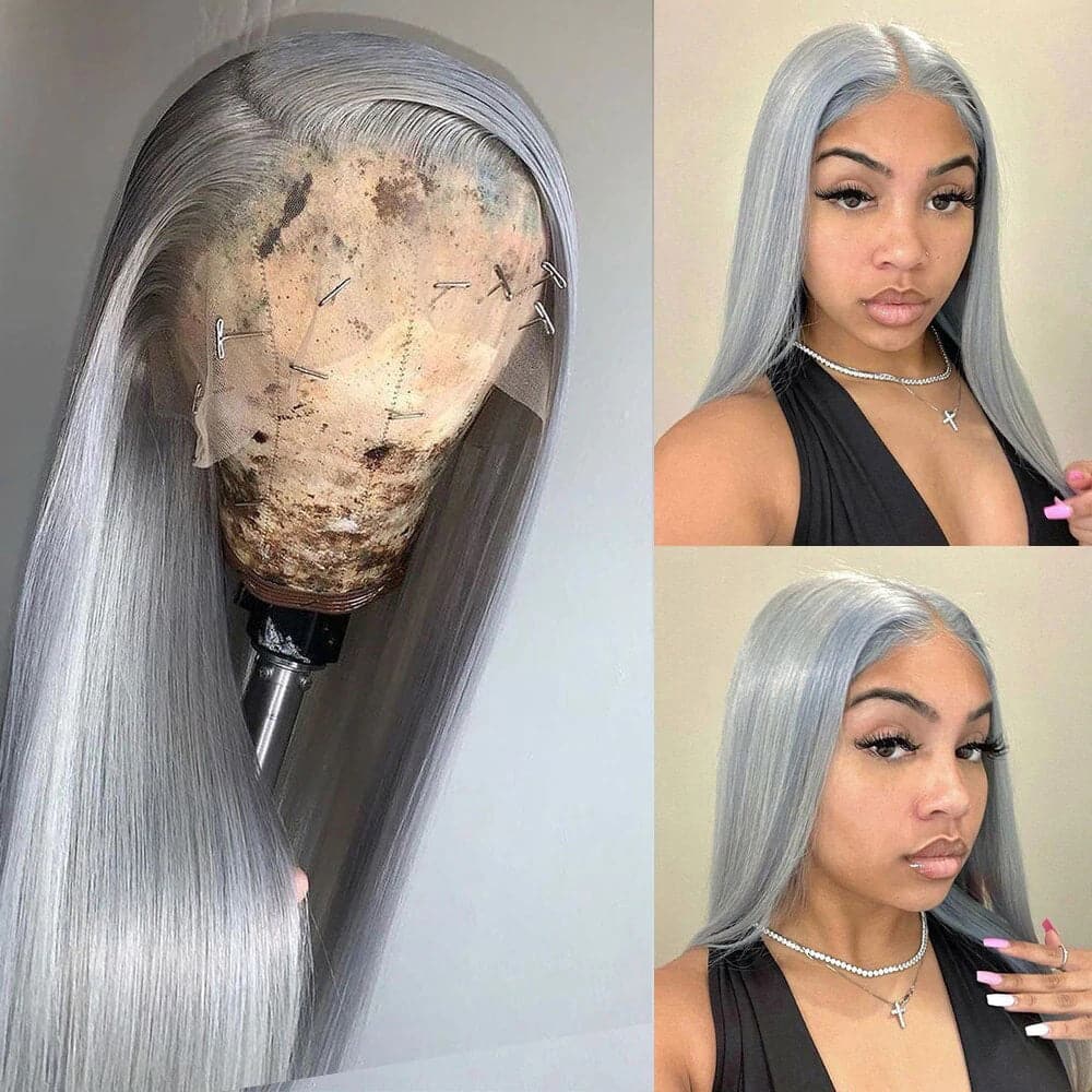 Sterly Grey Long Silky Straight 4×4 13×4 Frontal Lace Wig Colored Human Hair Wigs