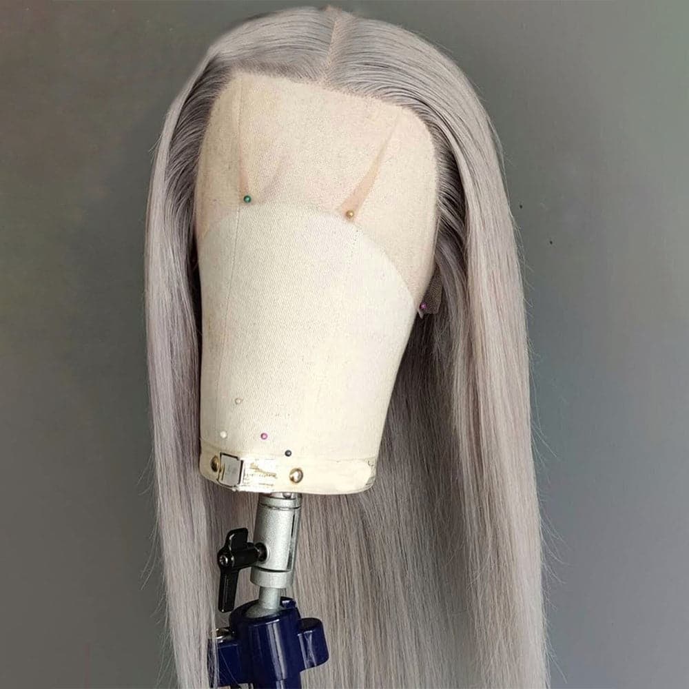 Sterly Grey Long Silky Straight 4×4 13×4 Frontal Lace Wig Colored Human Hair Wigs