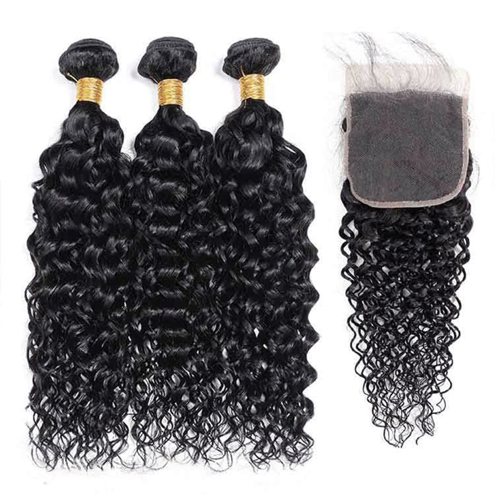 Sterly Hair Water Wave 3 Bundles Virgin Human Hair With 4×4 Lace Closure
