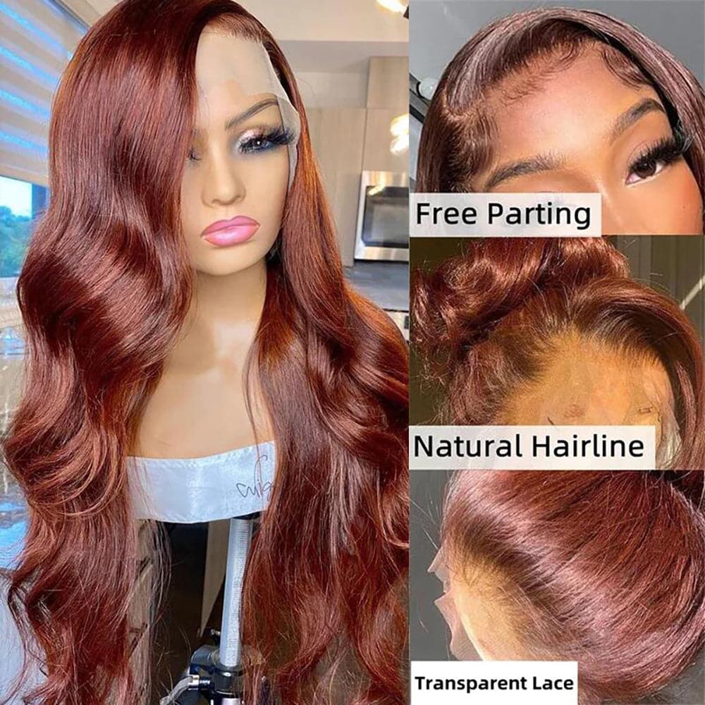 Reddish Brown Wig Sterly HD Transparent Lace Auburn Body Wave Human Hair Wigs