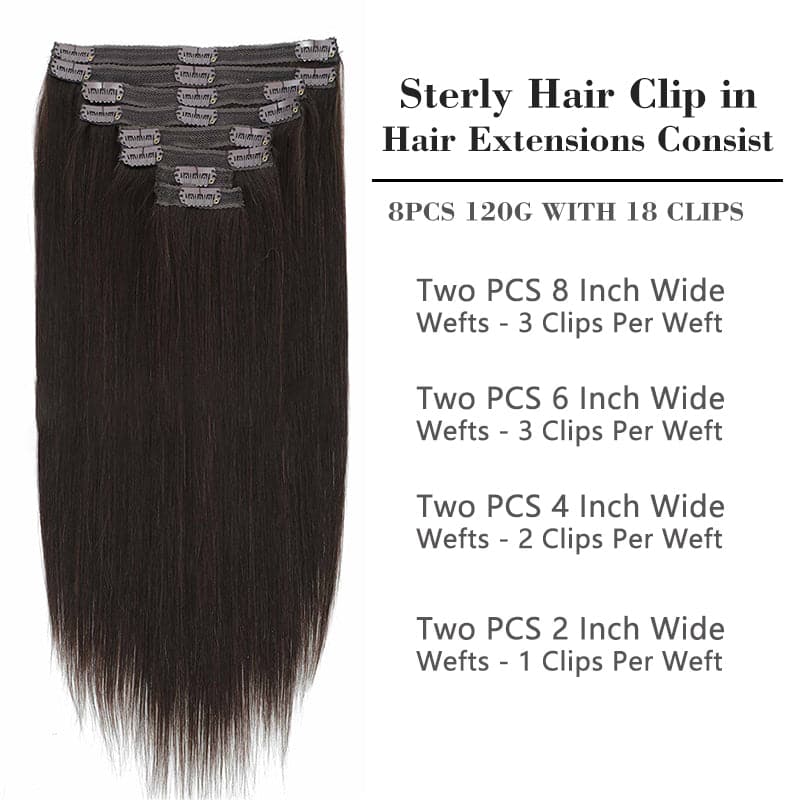 Sterly #2 Dark Brown Straight Clip-in Human Hair 8 Pices With 18 Clips 120g