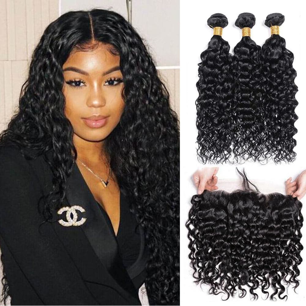 Sterly Hair Water Wave 3 Bundles Virgin Human Hair With 13×4 Ear to Ear Lace Frontal