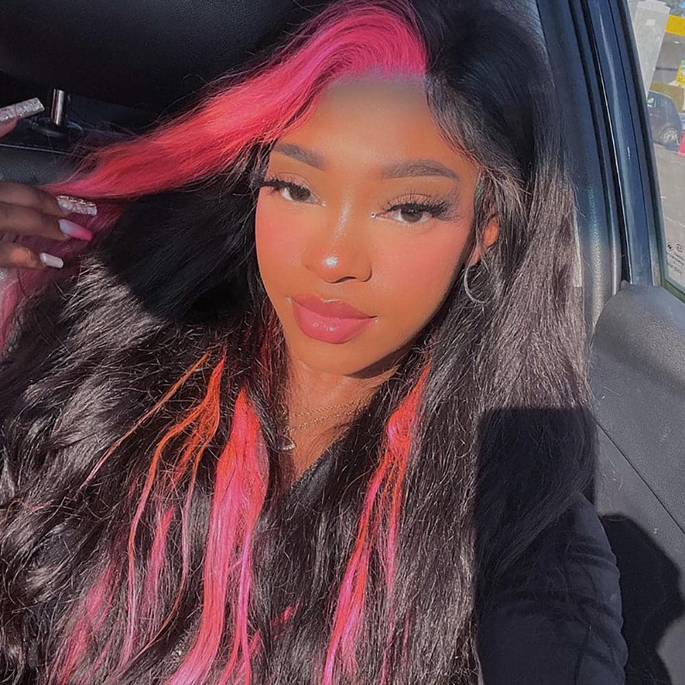Sterly Pink Skunk Stripe Body Wave 13×4 Transparent Lace Front Human Hair Wig