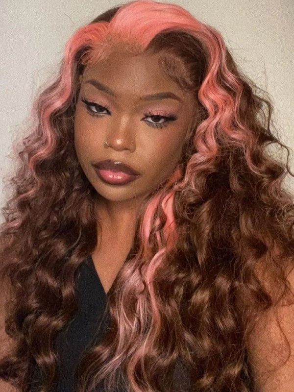 Sterly Pink with Light Brown Skunk Stripe Transparent Lace Body Wave Frontal Wig Blonde Magic - sterlyhair