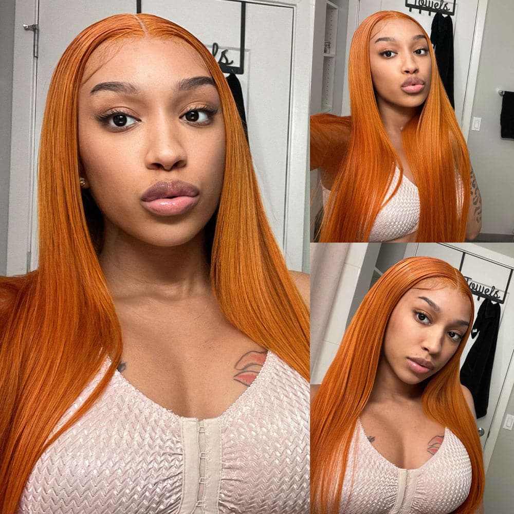Sterly Ginger Orange Color Glueless Straight Transparent Lace Frontal Wigs Human Hair