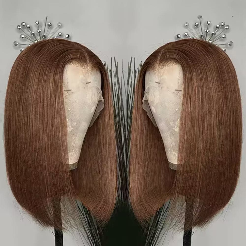 #4 Chocolate Brown Frontal Wigs Human Hair 13×6 Straight Short Bob Wigs - sterlyhair