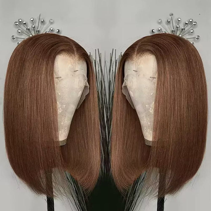 #4 Chocolate Brown Frontal Wigs Human Hair 13×6 Straight Short Bob Wigs - sterlyhair