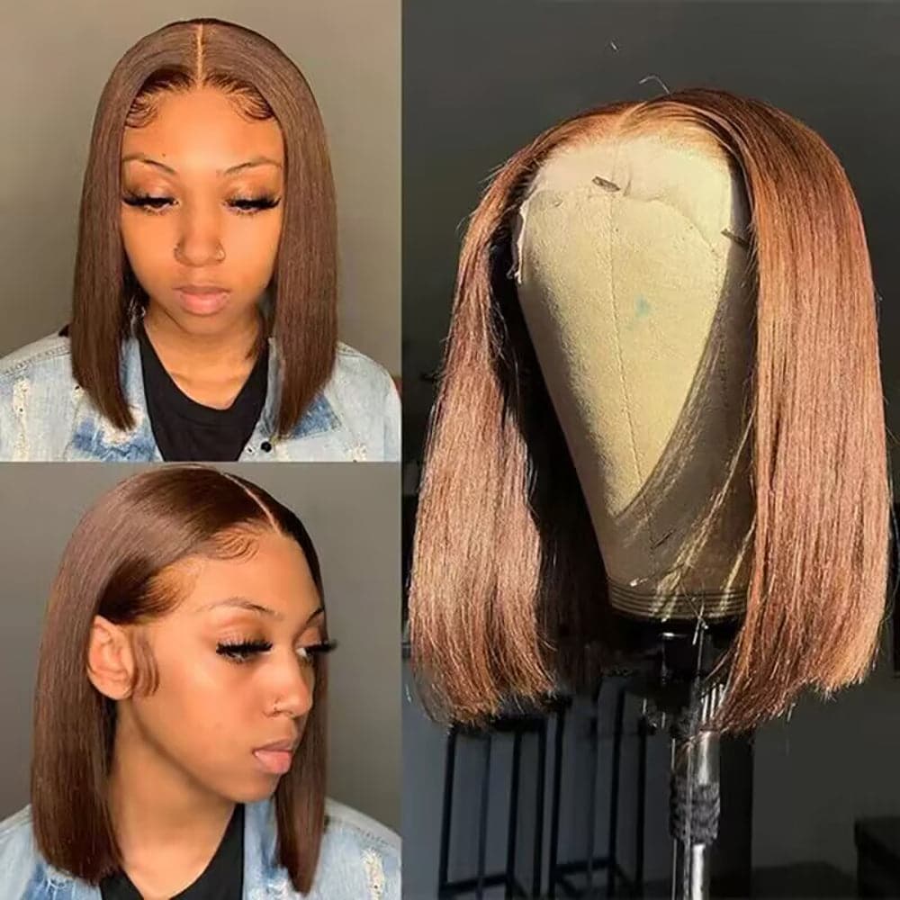 #4 Chocolate Brown Frontal Wigs Human Hair 13×6 Straight Short Bob Wigs - sterlyhair