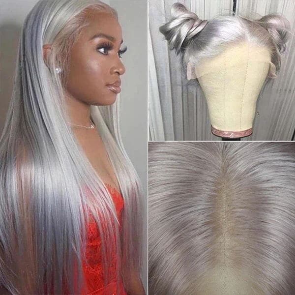 Sterly Grey Long Silky Straight 13×6 Frontal Lace Wig Colored Human Hair Wigs - sterlyhair
