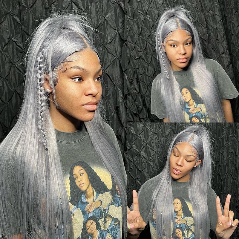 Sterly Grey Long Silky Straight 13×6 Frontal Lace Wig Colored Human Hair Wigs - sterlyhair