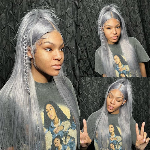 Sterly Grey Long Silky Straight 13×6 Frontal Lace Wig Colored Human Hair Wigs - sterlyhair