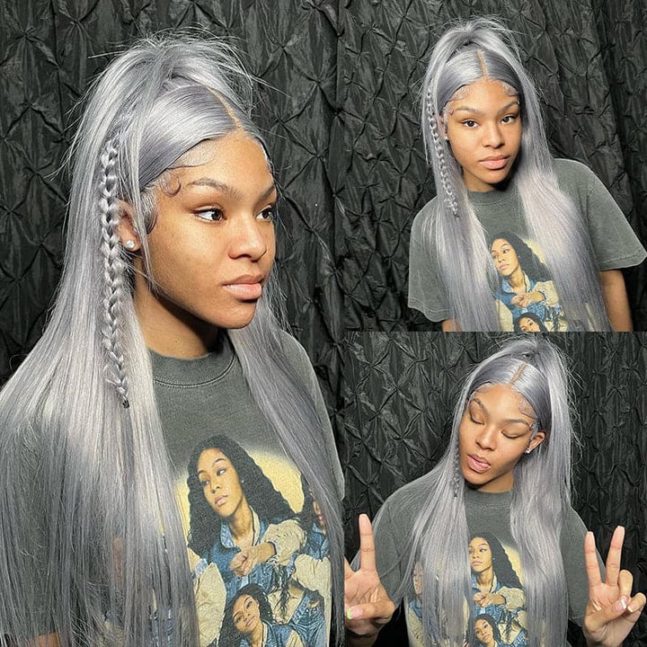 Sterly Grey Long Silky Straight 13×6 Frontal Lace Wig Colored Human Hair Wigs - sterlyhair
