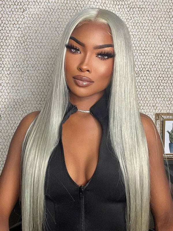 Sterly Grey Long Silky Straight 13×6 Frontal Lace Wig Colored Human Hair Wigs - sterlyhair