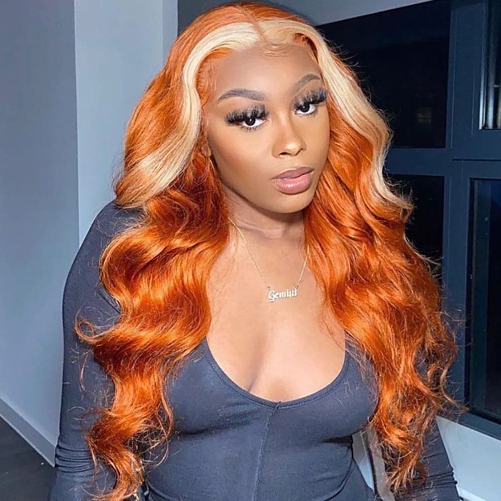Sterly Ginger with Blonde Skunk Stripe Transparent Lace Body Wave Frontal Wig