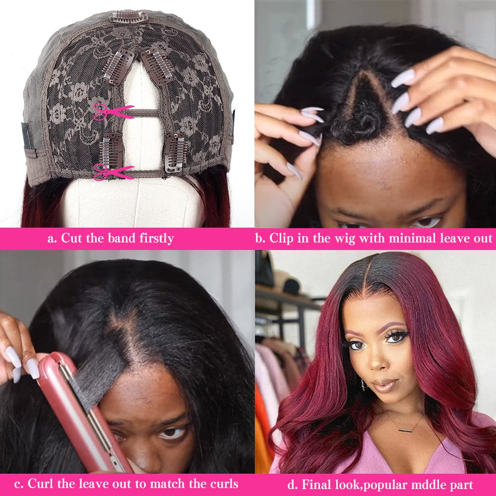 Sterly V Part Straight Ombre Burgundy Wigs Upgrade U Part Glueless Human Hair Wigs No Leave Out
