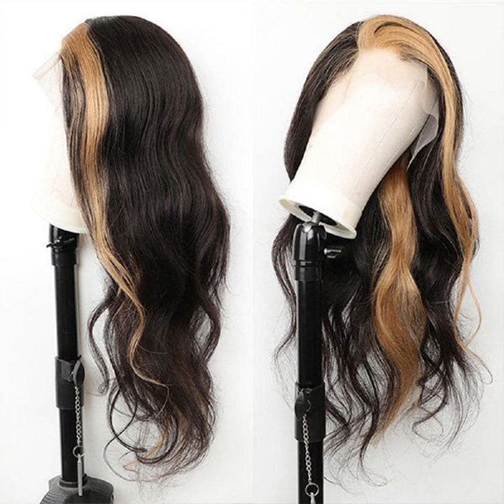 Sterly Skunk Stripe Body Wave Frontal Wig Black Wigs With 