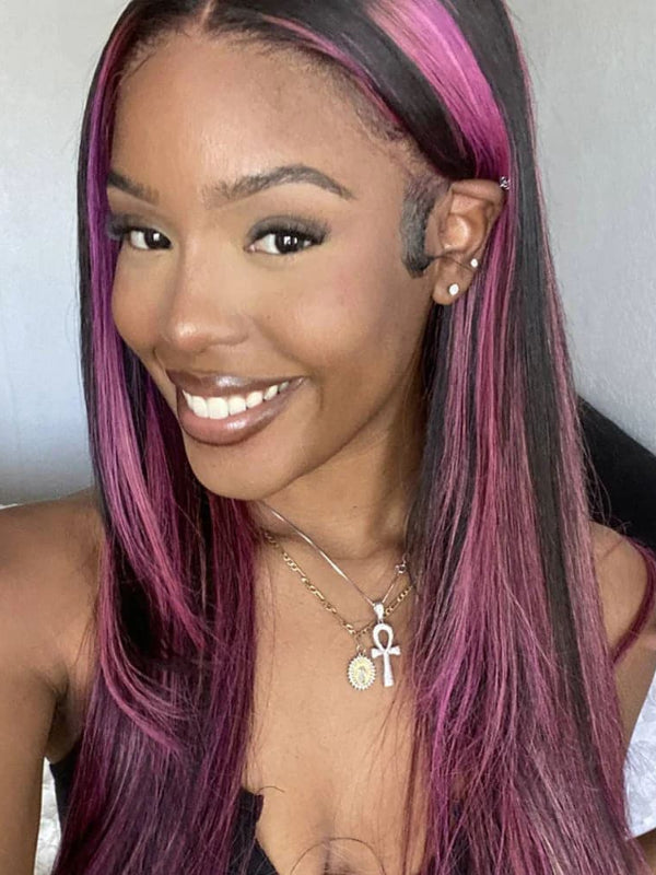 Sterly Transparent Lace Black Hair With Red Purple Highlights Straight Human Hair Wigs - sterlyhair