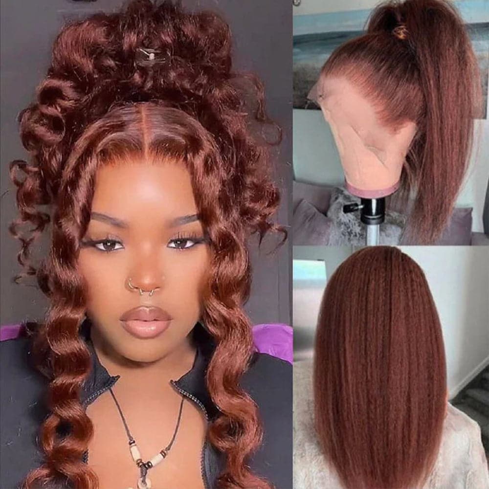 Sterly Reddish Brown Hair Wig Auburn Yaki -Straight Lace Front Wigs Human Hair