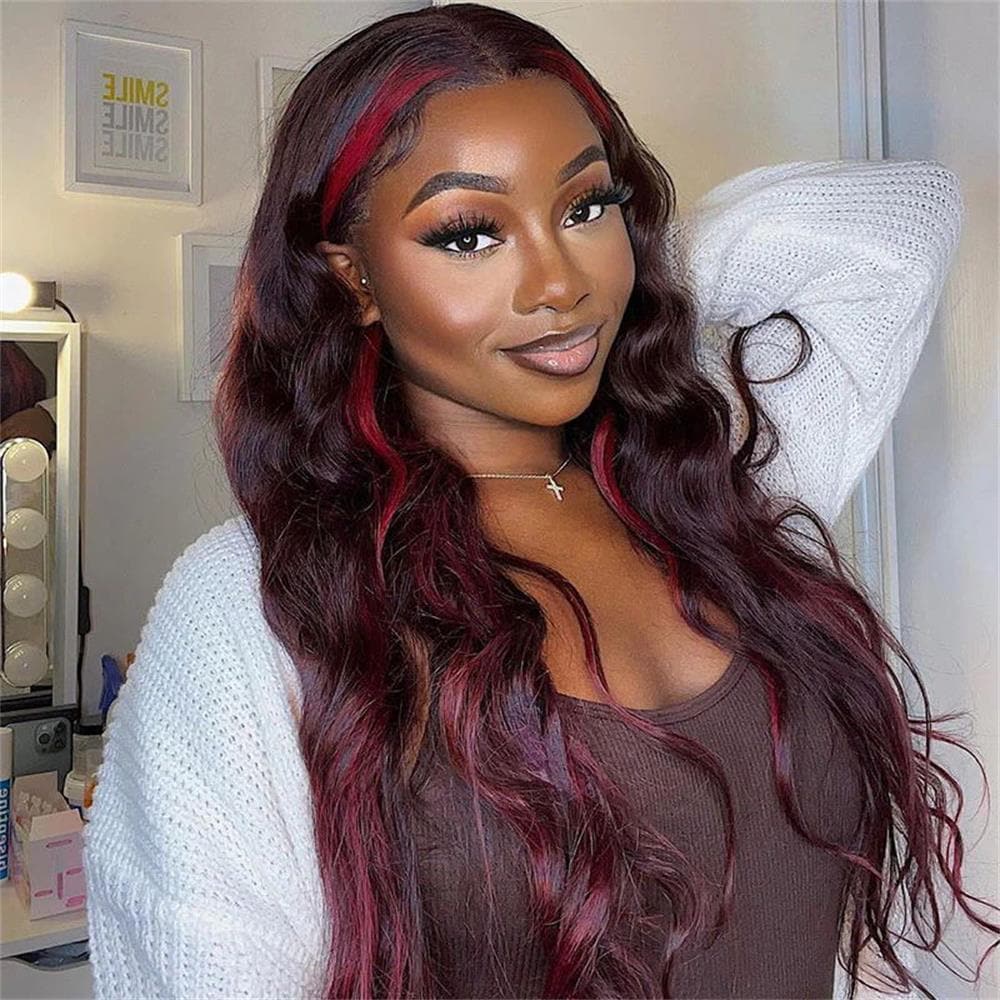 Sterly Dark Burgundy Wig With Red Strunk Stripe Body Wave Colored Highlight Human Hair Wigs Blonde Magic - sterlyhair
