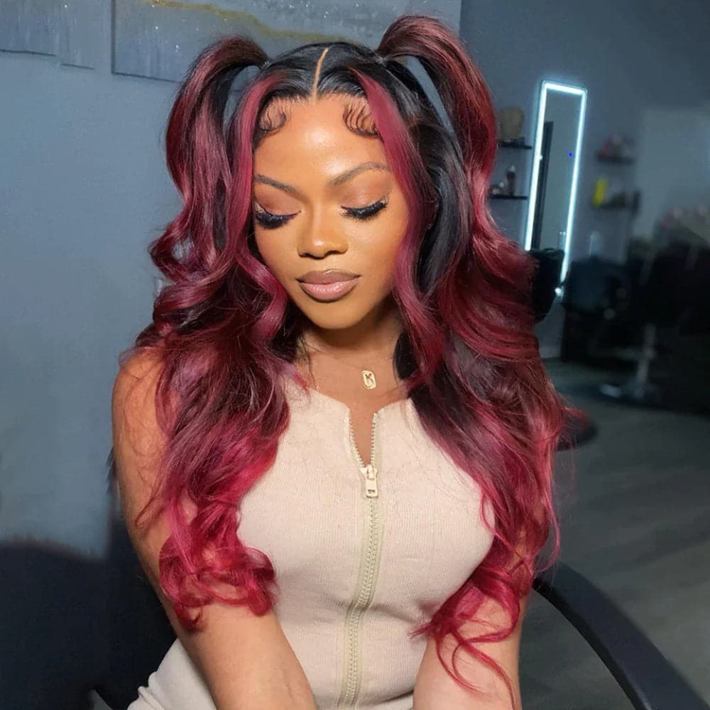 Sterly Natural Black Roots 99J Burgundy Highlight Body Wave Human Hair 13×4 Lace Frontal Colored Highlight Wig