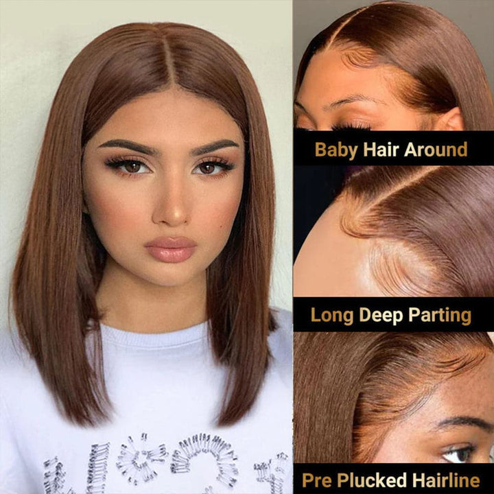 #4 Chocolate Brown Frontal Wigs Human Hair 13×6 Straight Short Bob Wigs - sterlyhair