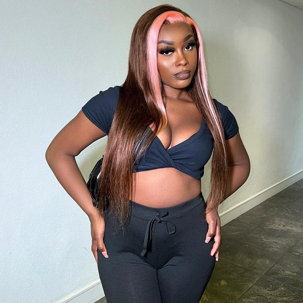 Sterly Pink with Light Brown Skunk Stripe Transparent Lace Body Wave Frontal Wig Blonde Magic - sterlyhair