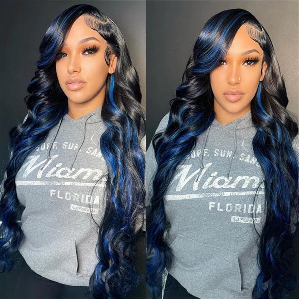 Sterly Blue Highlight With Black Hair Body Wave 13×4/4×4 Transparent Lace Front Human Hair Colored Wigs