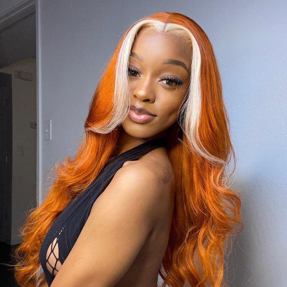 Sterly Ginger with Blonde Skunk Stripe Transparent Lace Body Wave Frontal Wig