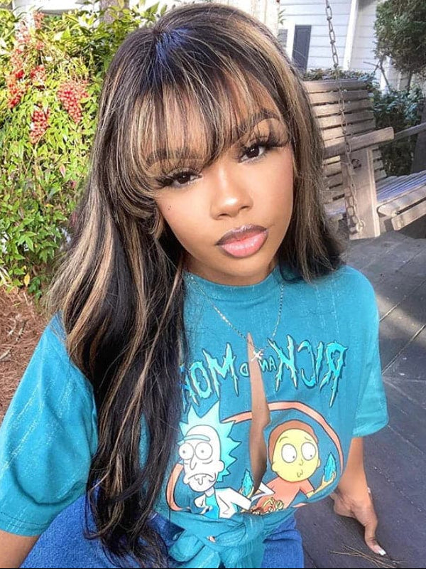 Sterly Balayage Highlight Wig with Bangs Transparent HD Lace Frontal Wigs Honey Blonde Brown Wigs - sterlyhair