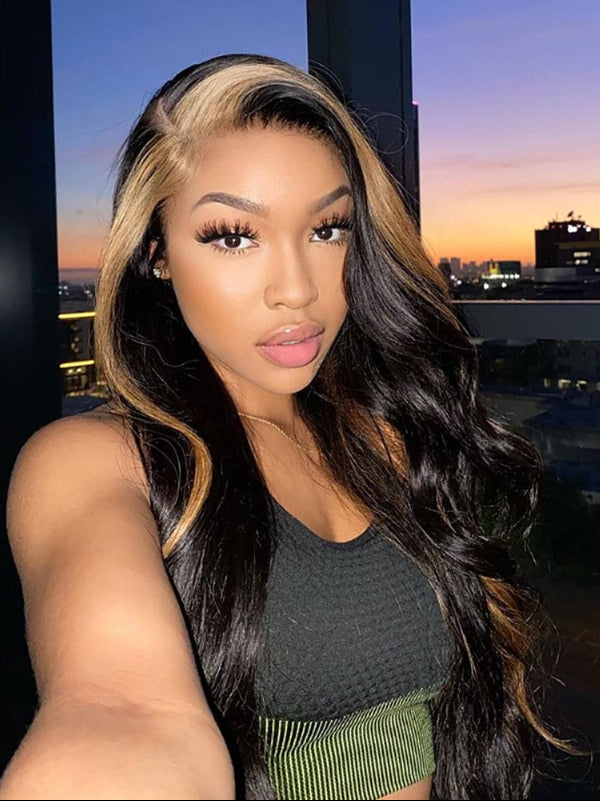 Sterly Skunk Stripe Body Wave Frontal Wig Black Wigs With #27 Honey Blonde Highlights - sterlyhair