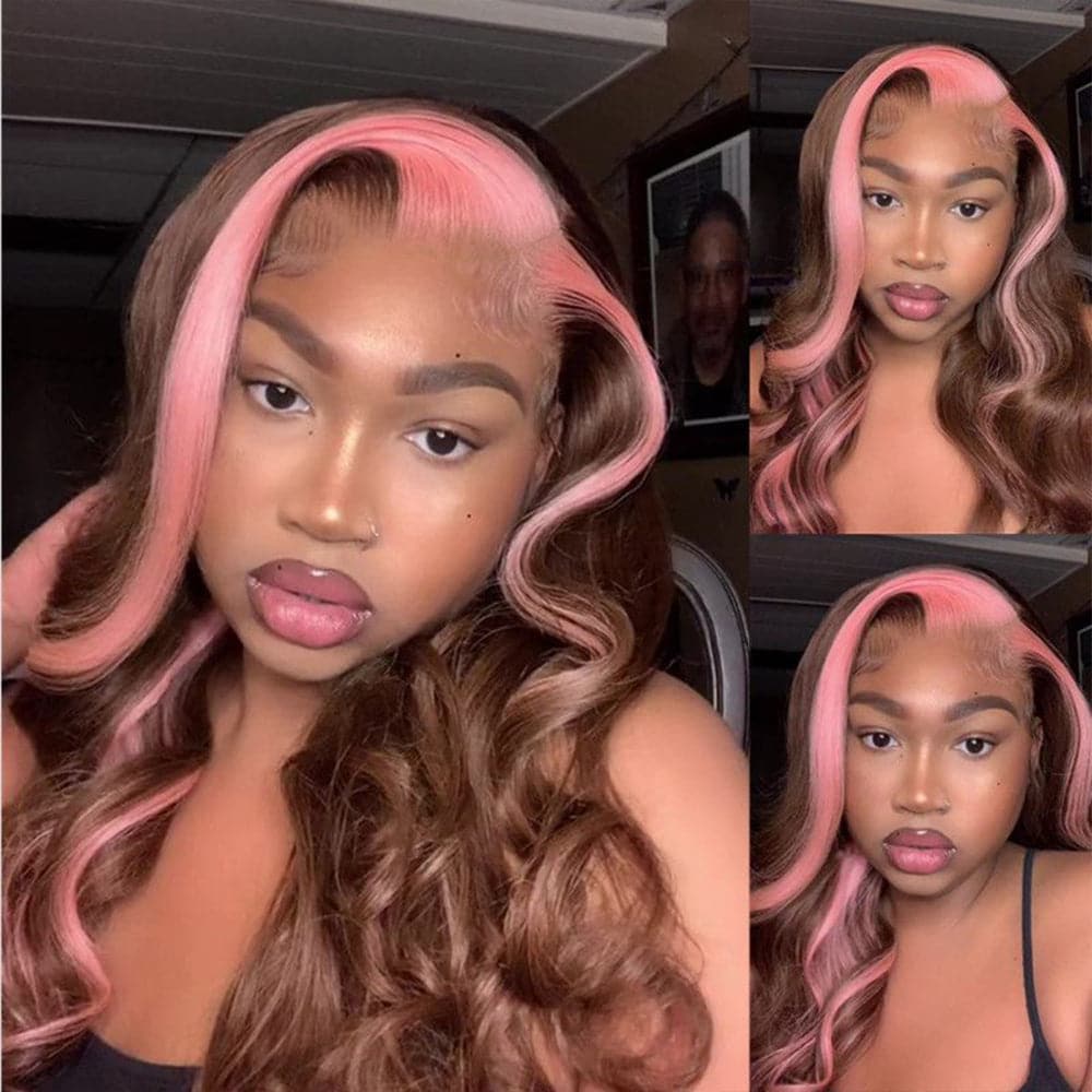 Sterly Pink with Light Brown Skunk Stripe Transparent Lace Body Wave Frontal Wig