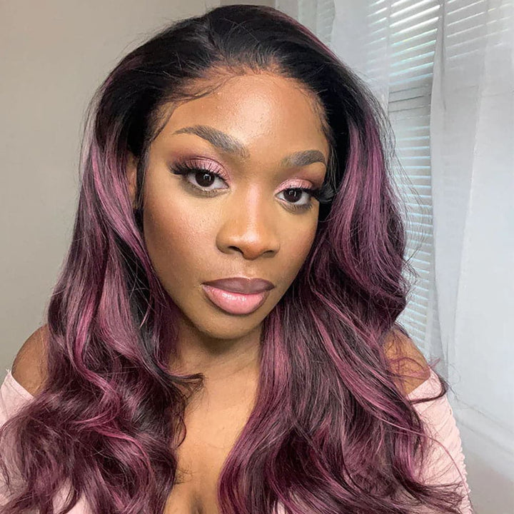 Sterly Transparent Lace Black Hair With Red Purple Highlights Straight Human Hair Wigs - sterlyhair