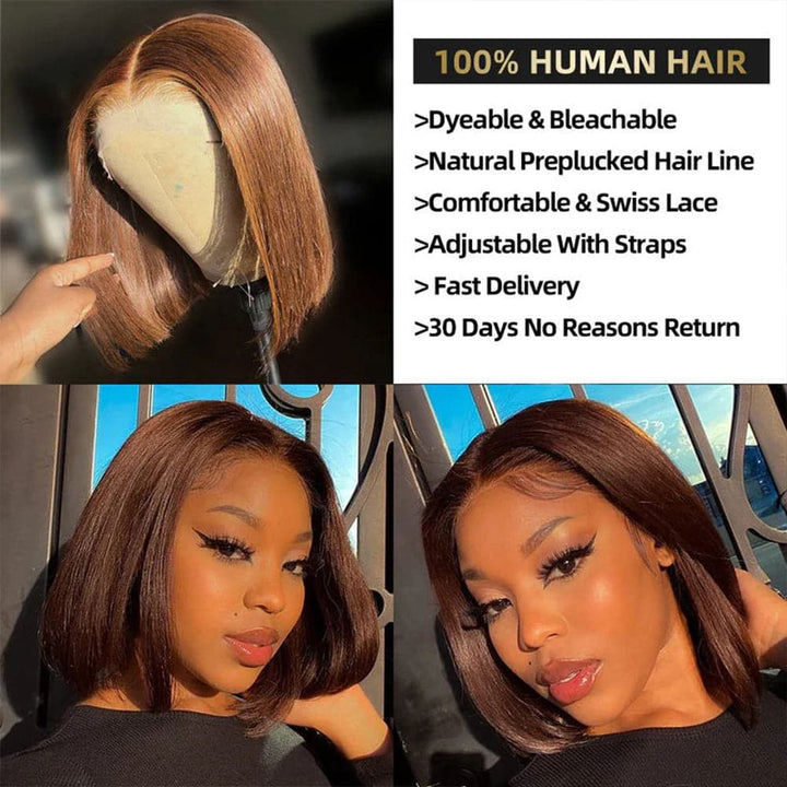 #4 Chocolate Brown Frontal Wigs Human Hair 13×6 Straight Short Bob Wigs - sterlyhair