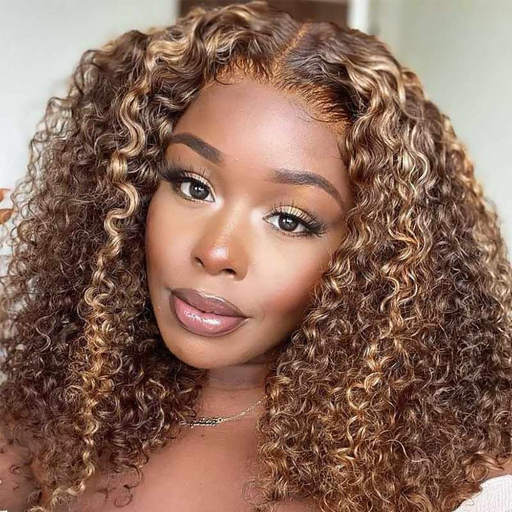 Sterly Mix Color Brown Curly Bob Wig Affordable 13X4 Highlight Frontal Lace Wig