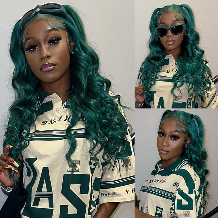 Sterly Emerald Green Wavy Wig Human Hair Body Wave Long Colored Lace Front Wigs - sterlyhair