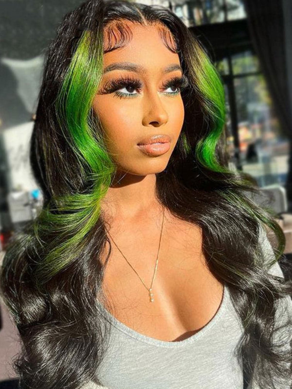 Sterly Green Skunk Stripe Body Wave Transparent Lace 13×6 Frontal Human Hair Wig Blonde Magic - sterlyhair