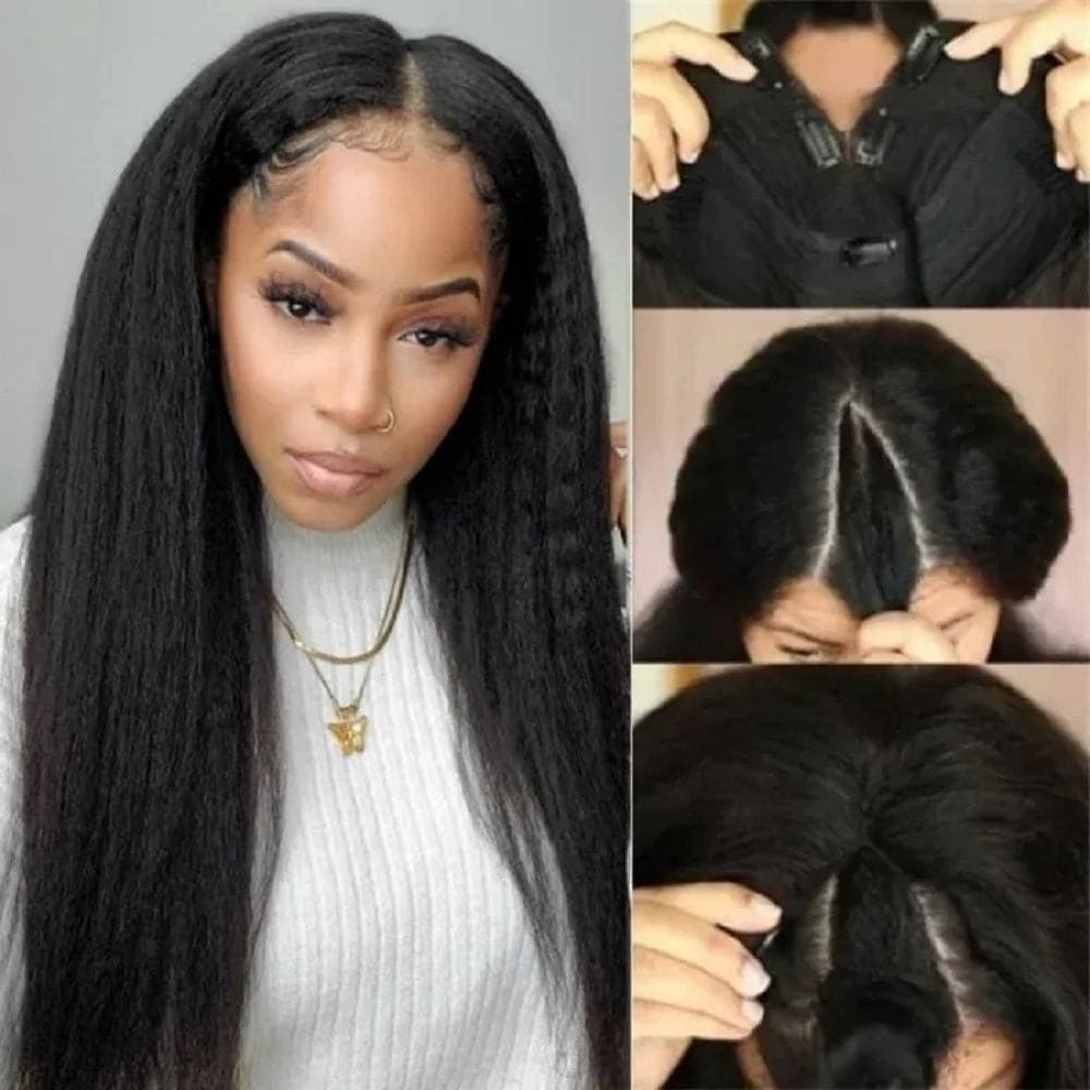 Beginner Friendly Yaki -Straight V Part Wig Human Hair Wigs No Leave Out No Sew In And No Gel