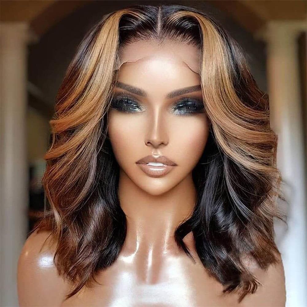 Sterly P4/27 Highlight Colored Short Body Wave HD Lace Human Hair Wig Shoulder Length 180% Density